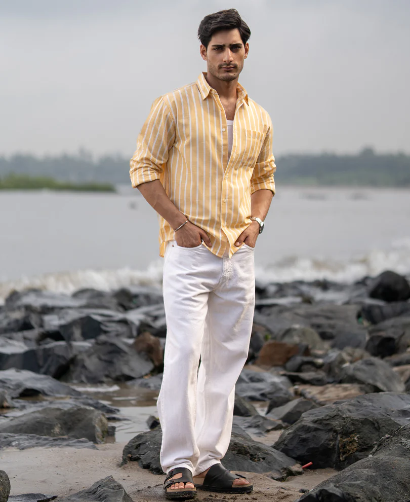 Yellow Cotton Blend Stripe Shirt - Image 7
