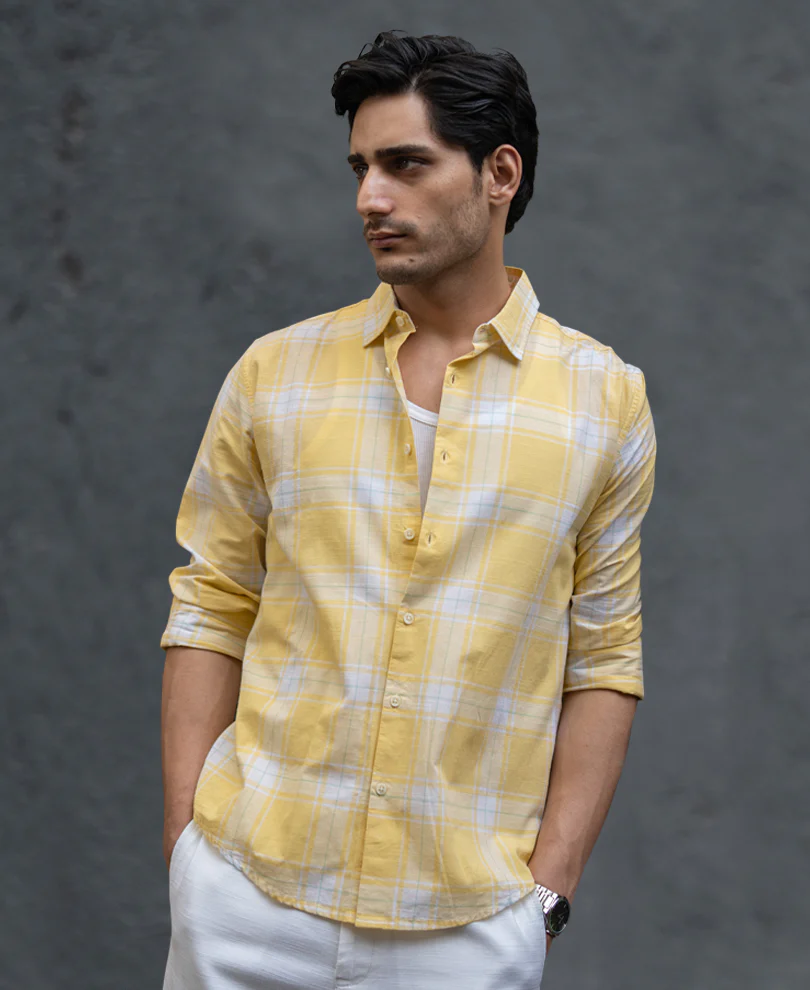 Yellow Lightweight Checks Shirt 100% Cotton - Image 2