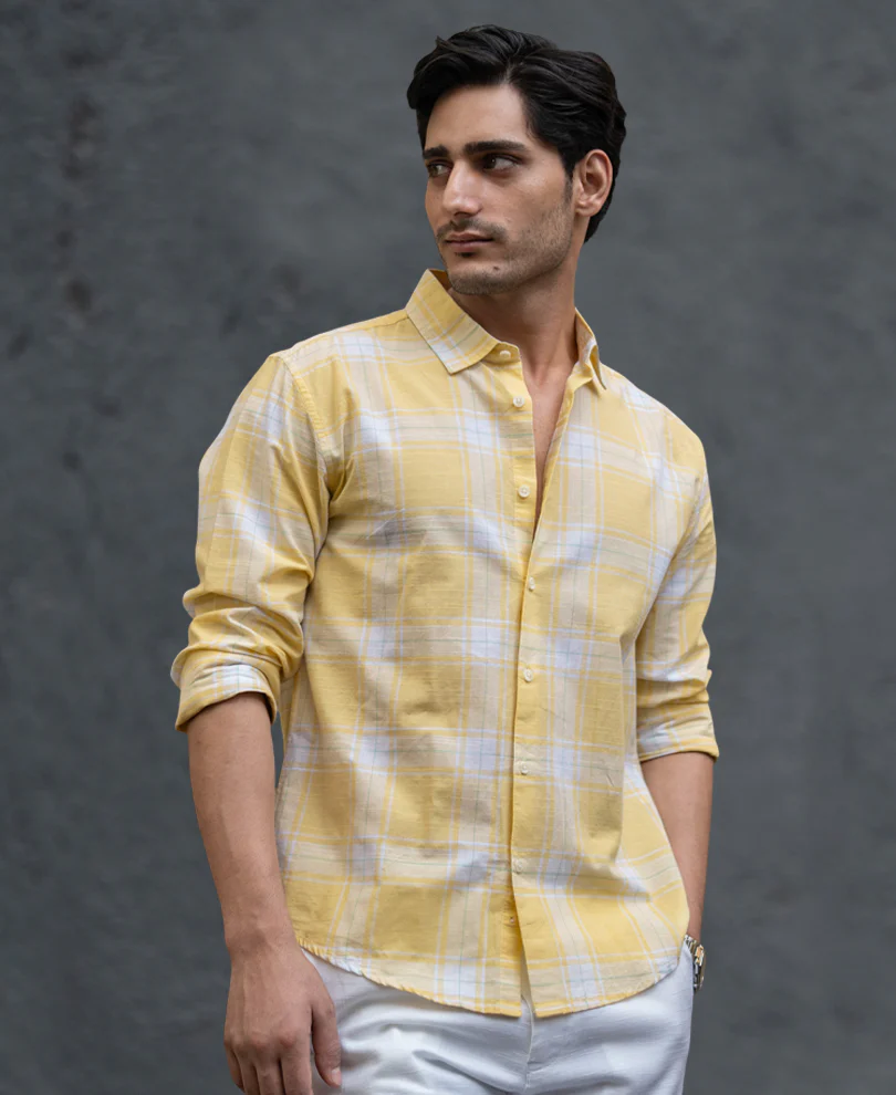 Yellow Lightweight Checks Shirt 100% Cotton - Image 3