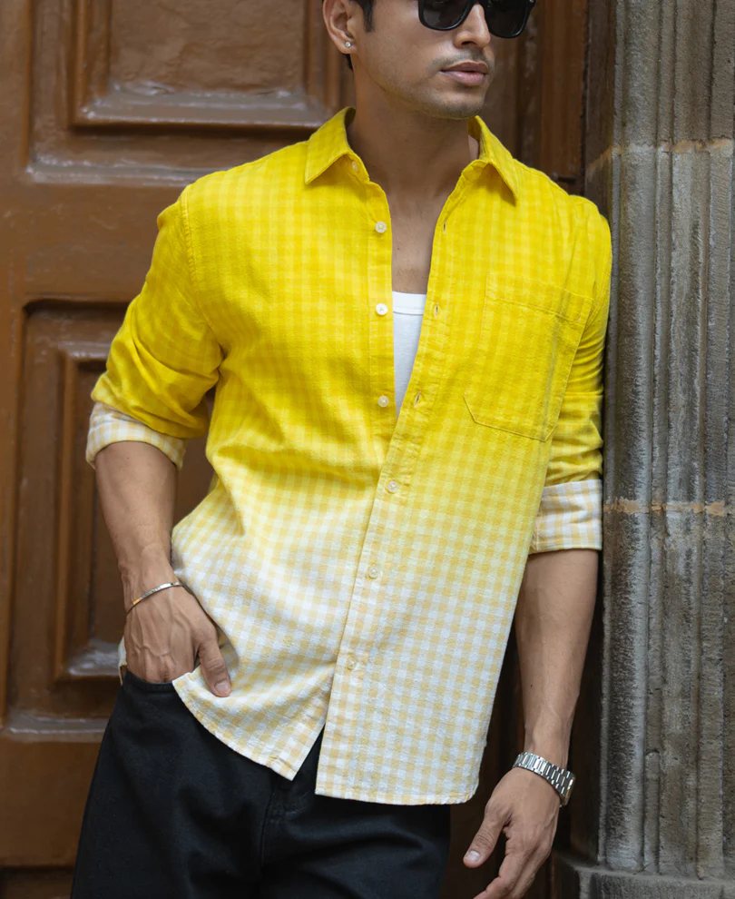 Yellow Ombre Checks Shirt 100% Cotton - Image 2