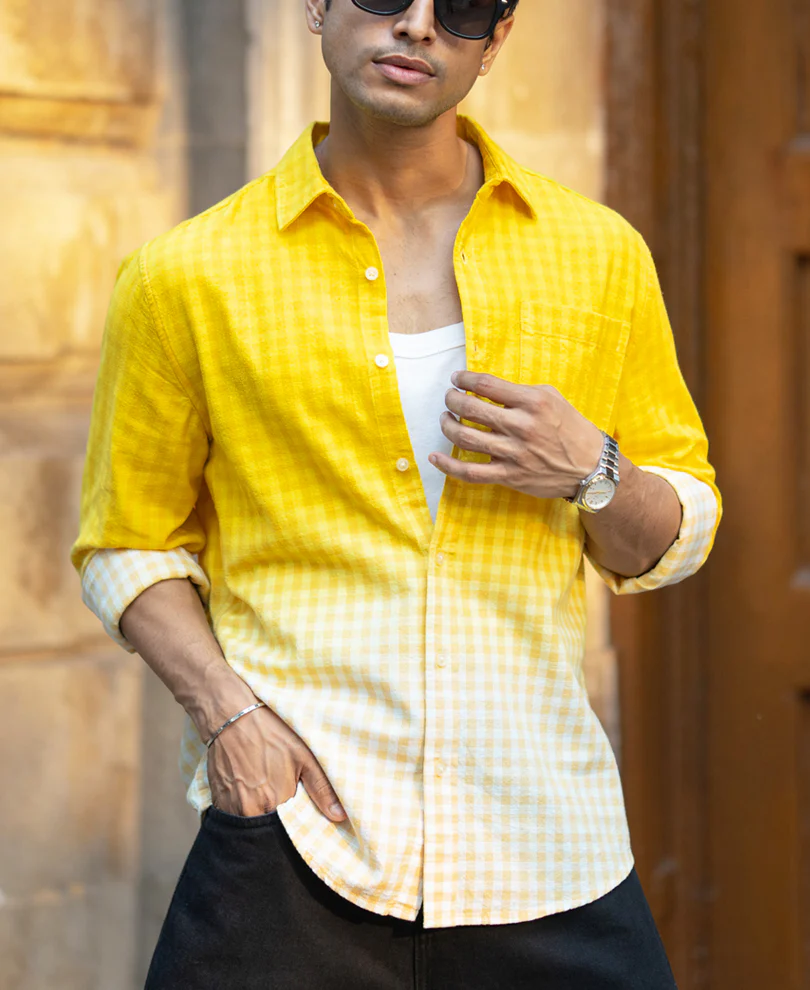 Yellow Ombre Checks Shirt 100% Cotton - Image 3