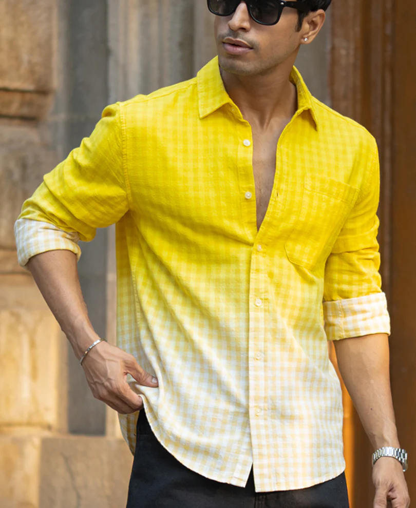 Yellow Ombre Checks Shirt 100% Cotton - Image 4