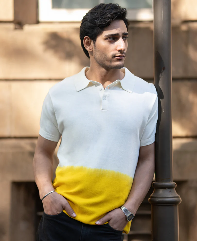 Yellow Ombre Knit Polo T-Shirt 100% Cotton - Image 2