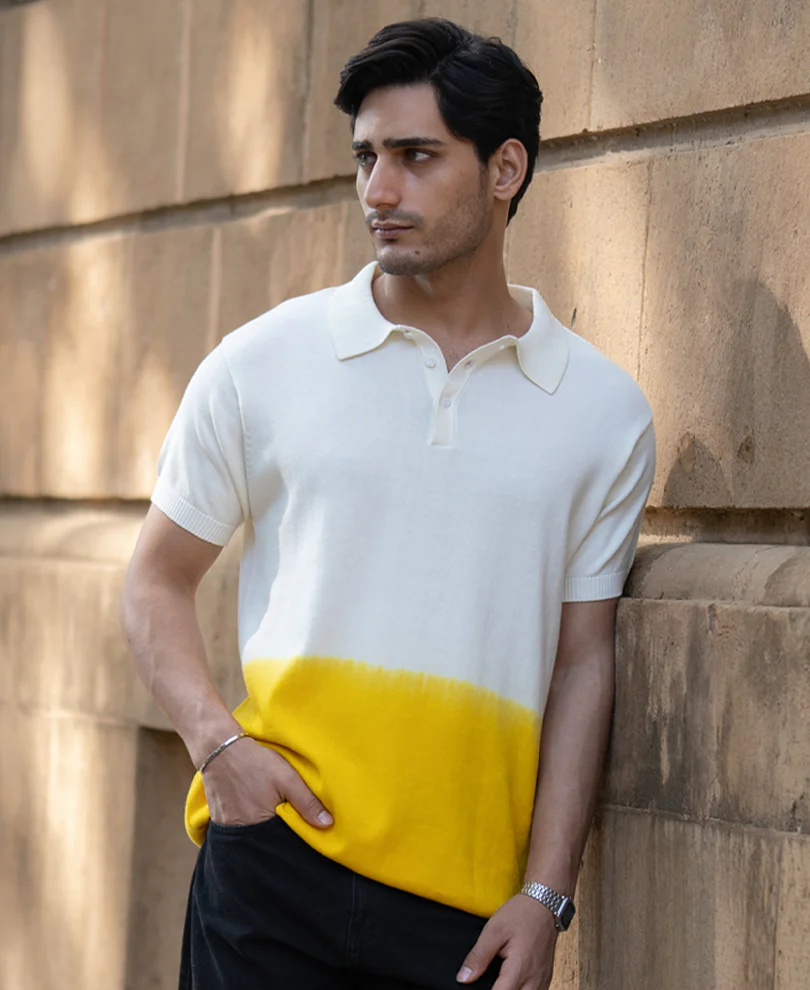 Yellow Ombre Knit Polo T-Shirt 100% Cotton - Image 3
