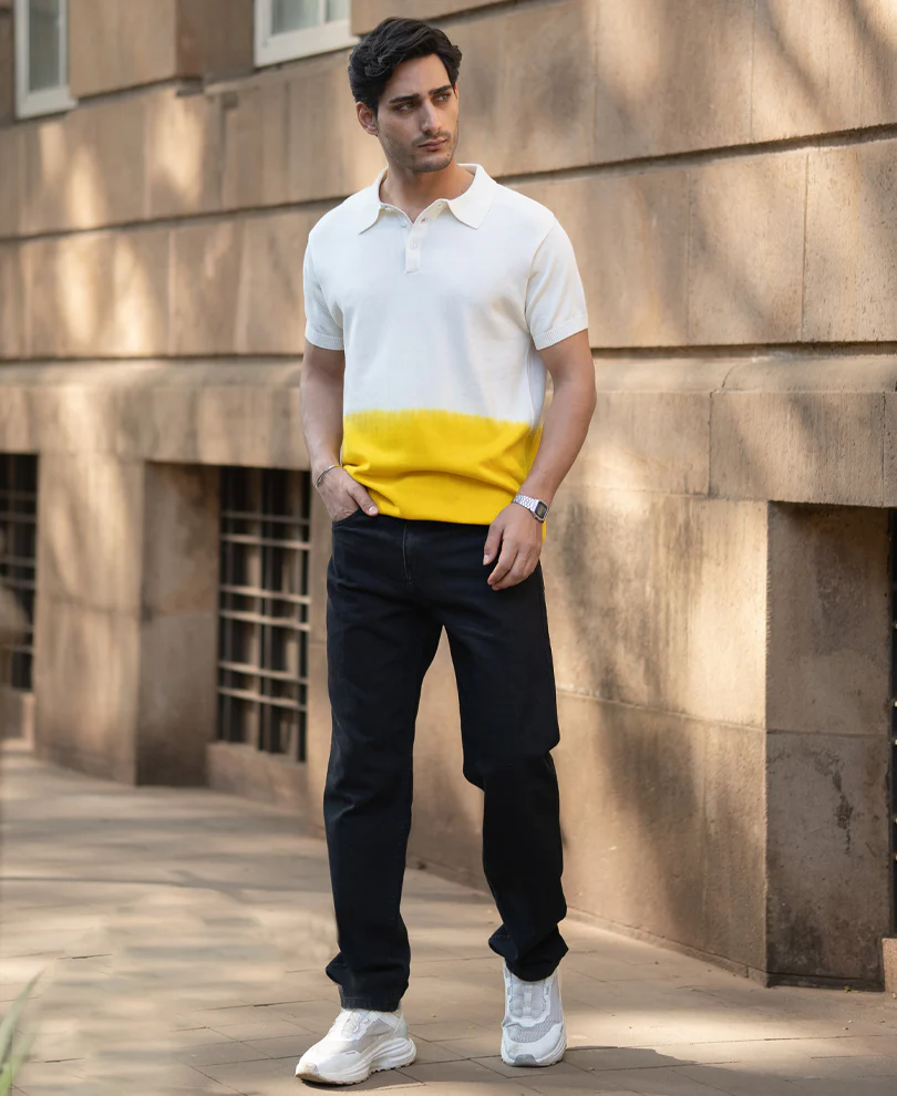 Yellow Ombre Knit Polo T-Shirt 100% Cotton - Image 7