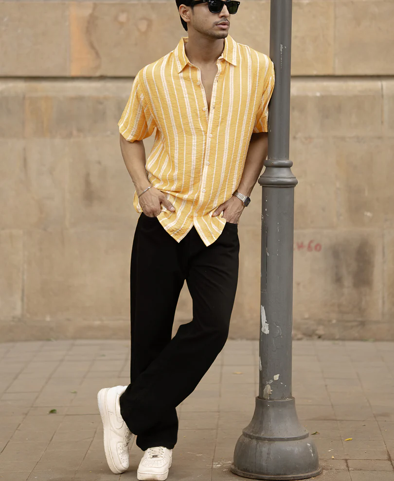 Yellow Printed Stripe Flowy Shirt - Image 6