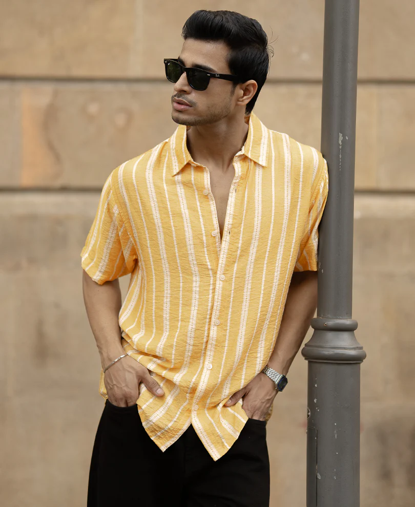 Yellow Printed Stripe Flowy Shirt - Image 7